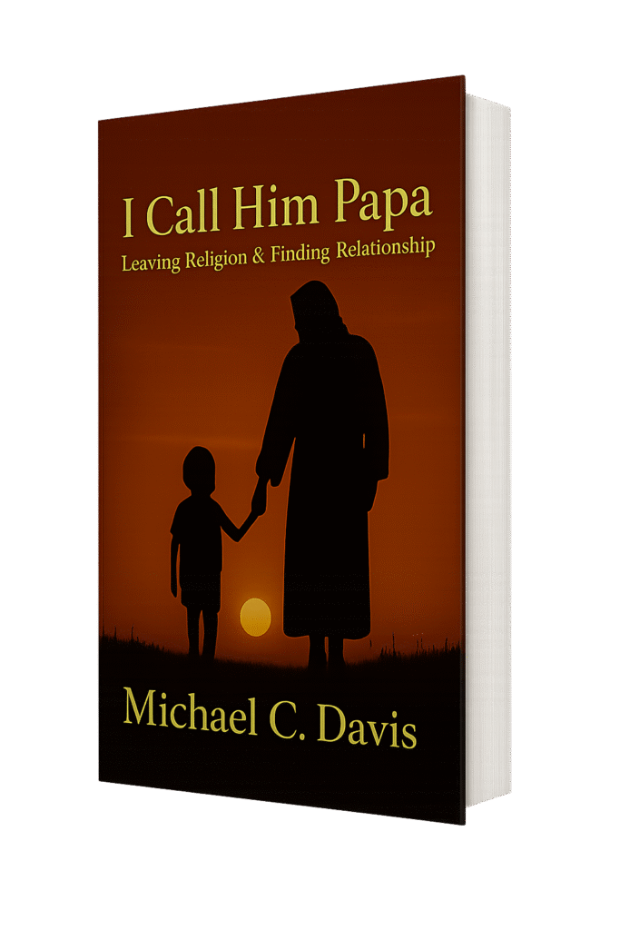 Book cover of I Call Him Papa by Michael C. Davis, showing a silhouetted father and child holding hands against a warm amber background.