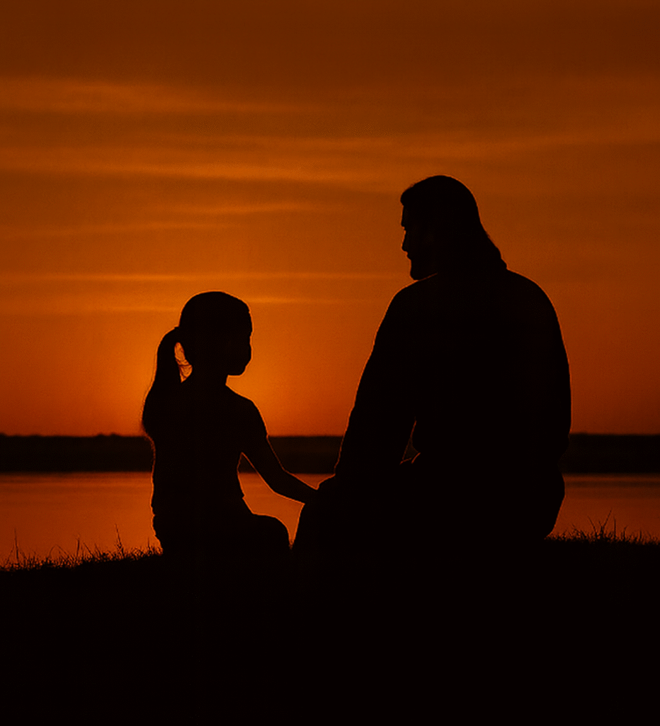 Illustration of Jesus sitting beside a young girl on the shore at sunset, symbolizing love, guidance, and relational faith.